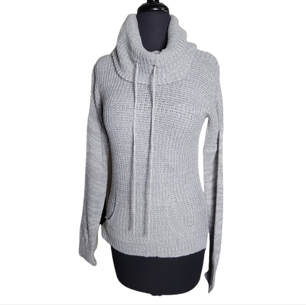 Planet Gold sweater women's S gray ribbed knit cowl neck drawstring high low hem